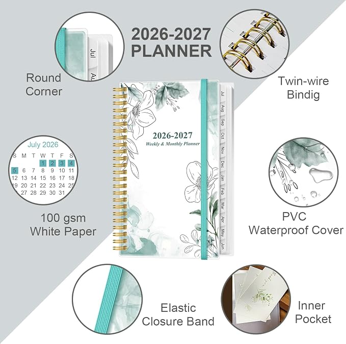 2026-2027 Pocket Planner/Calendar - 2026-2027 Planner from July 2026 - June 2027, Planner 26-27 with 12 Tabs, Twin-Wire Binding, Inner Pocket, 3.75" x 6.75, Teal Flowers