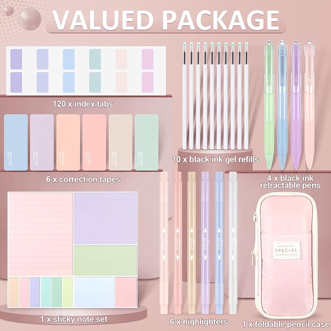 38 Pcs Aesthetic Office Supplies with Pen Case Sticky Notes Gel Pens Highlighters Correction Tapes Stationery Kit for Office Work Coworkers(Macaron Color,Elegant)