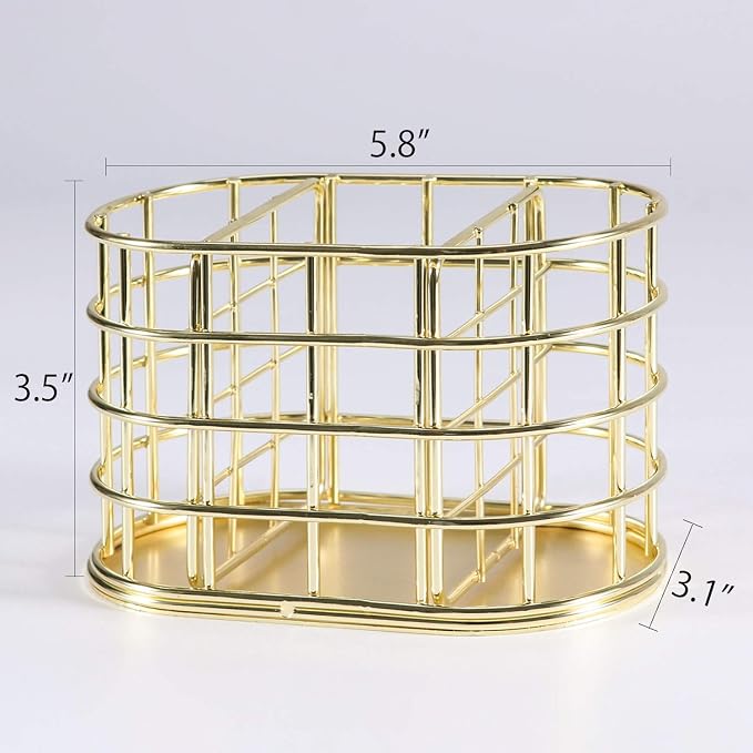 Pen Holder, 3 Compartment Metal Pencil Holder Stationery Organizer, Decorative Desktop Storage Holder for Office Supplies, Gold