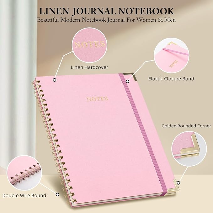 A4 Large Spiral Notebook Journal, (8.5×11'') 100 Pages Sheets Linen Hardcover College Ruled Journaling For Work & Note Taking Thick Spiral Journal For Writing Daily Journal For Women & Men- Pink
