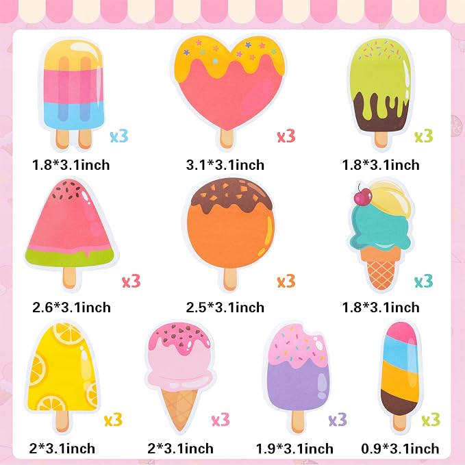 Xqumoi 30 Pack Ice Cream Sticky Notes Summer Office School Class Supplies | Fruit Popsicle Self-Sticky Memo Pads, Page Marker Notepads, for Student Kids, Birthday Party Favors, Goodies Bag Fillers