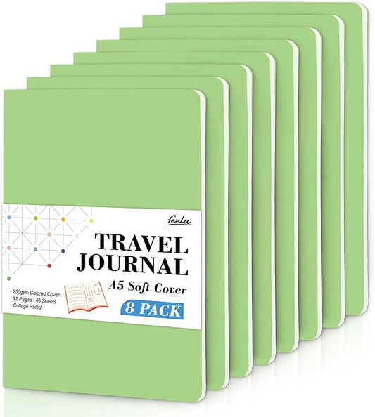 feela 8 Pack Soft Cover Journal Bulk, Notebooks College Ruled for Work, Lined Travel Journal for Women Men, Note Taking Notebook School Supplies Business Writing, 8.2” x 5.5”, A5, Light Green