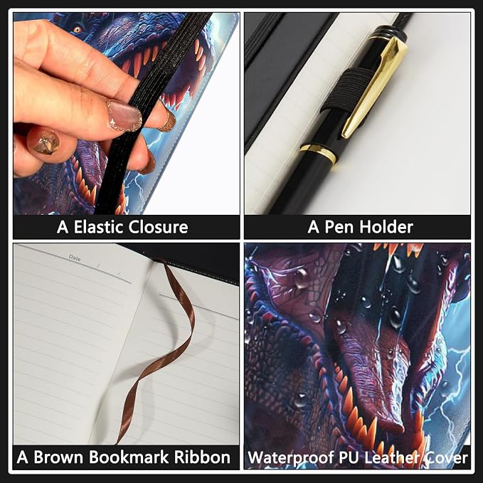 A5 Leather Lined Journal Notebook, 200 Pages Hardcover Executive Notebook for Men Women Office School Note Taking, Thick Writing Paper Daily Journal with Bookmarks/Indexes,Dinosaur