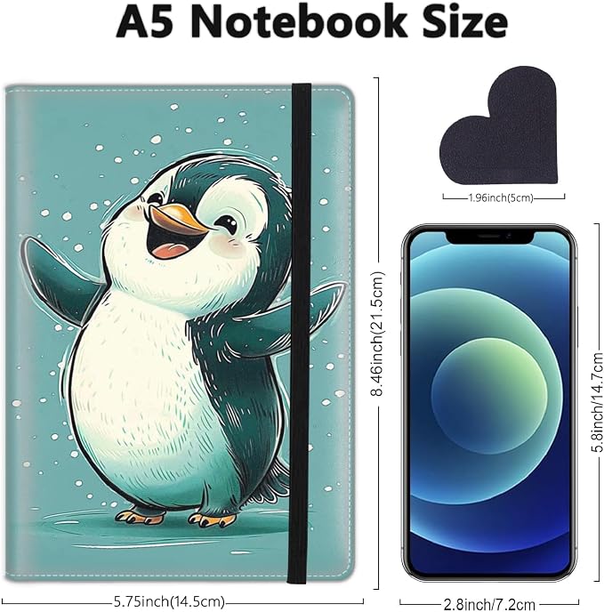 A5 Leather Lined Journal Notebook, 200 Pages Hardcover Executive Notebook for Men Women Office School Note Taking, Thick Writing Paper Daily Journal with Bookmarks/Indexes,Cute Penguin Happy