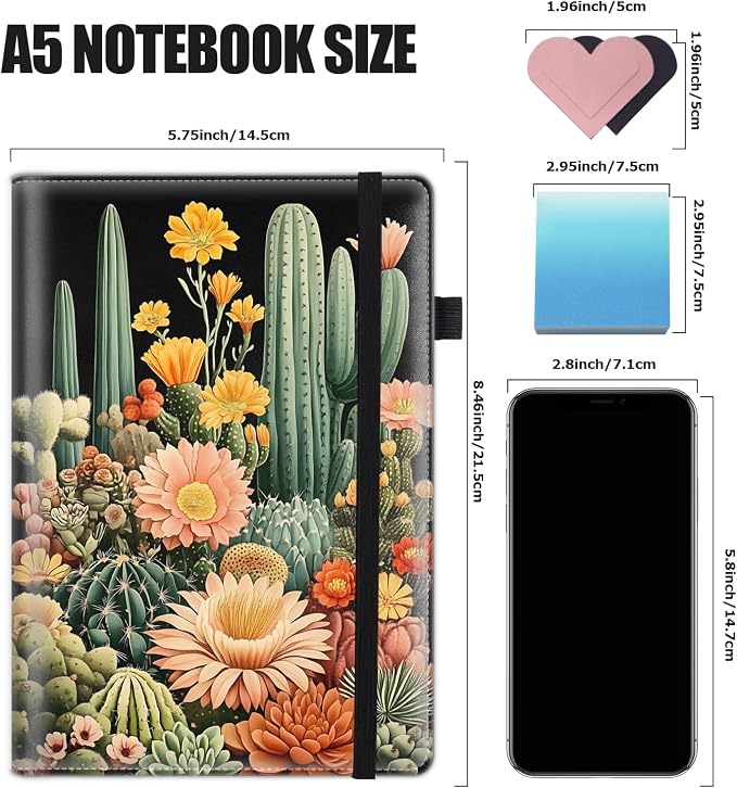 Hardcover Executive Notebooks, A5 PU Leather Lined Journal Notebook, 200 Pages Thick Paper Subject Notebooks for School,Work,Home Writing Business Notebook, Diary Book ，Green Plant Cactus