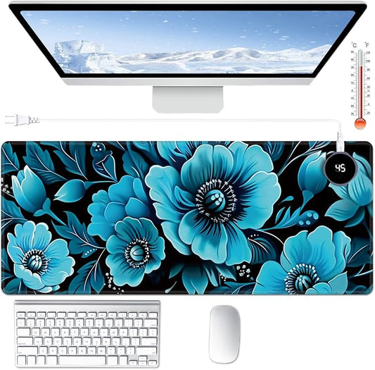 Heated Desk Pad Large Mouse Pad 31.5 x 13 inch with 3 Levels Heating & Auto Shut-Off Warm Mouse pad PU Leather Computer Mousepad for Home Office Work - Blue Floral Flower