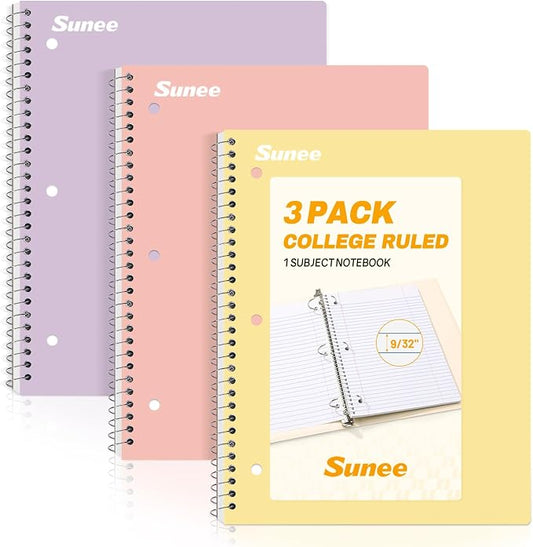 SUNEE Spiral Notebooks, 3 Pack, 1-Subject, College Ruled Paper, 8" x 10-1/2", 70 Sheets per Notebook, Pastel Colors Spiral Notebooks for School