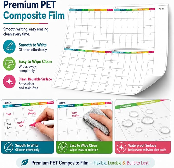 Dry Erase Calendar for Wall 38x 25" Undated 4 Month Wall Calendar | Colorful Layout, Reusable PET Erasable Surface, Large 4-Month View, Easy to Write and Wipe Clean