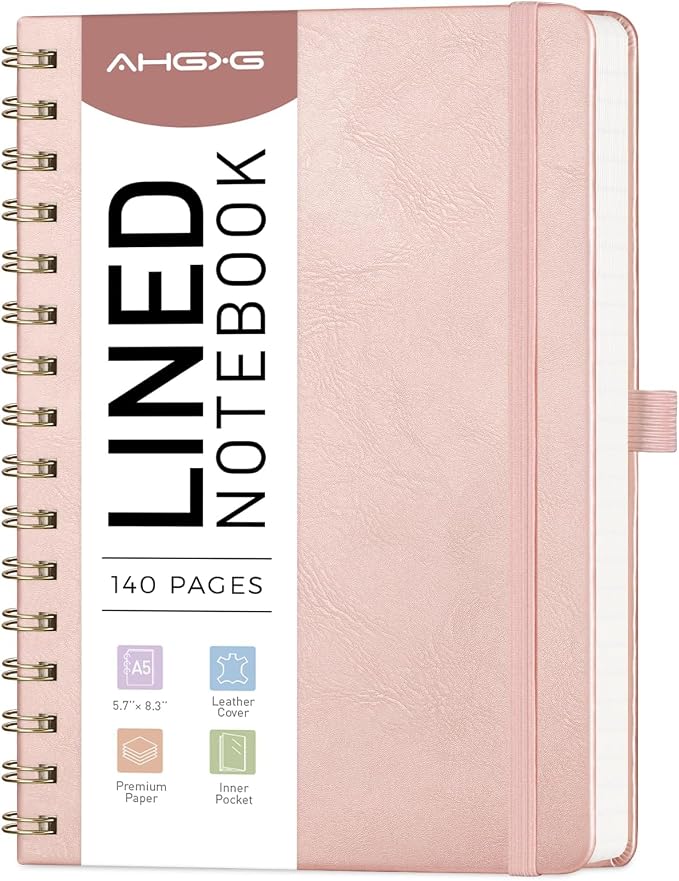 AHGXG Lined Spiral Journal Notebook, 140 Pages, A5 (5.7" x 8.3") | Journals for Women, Hardcover Leather Notebook College Ruled, 100 GSM Paper, for Work School Note Taking (Rose gold)