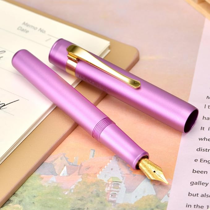 HONG DIAN M2 Mini Fountain Pen with Extra Fine Soft Golden Nib, Sleek Shape Aluminium Short Pocket Travel Pen (Lilac Purple)