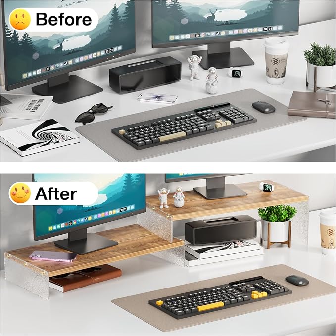 YGYQZ Adjustable Monitor Stand Riser, 7.67"×19.3" Dual Monitor Desk Stand | Adjustable Monitor Riser, Expandable Desk Organizer, 2-Tier Storage, Acrylic Legs, Ergonomic Workspace, Wood Glacial Striae