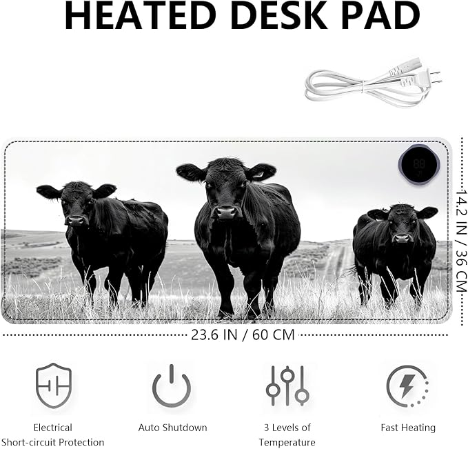 Heated Mouse Pad with 3 Levels Heated & 3 Hours Auto Shut-Off Mouse Pad for Warming Hands in Office Home, 23.6" x 14.2"Large Safe Desk Mat Hand Warmer，Black Cow