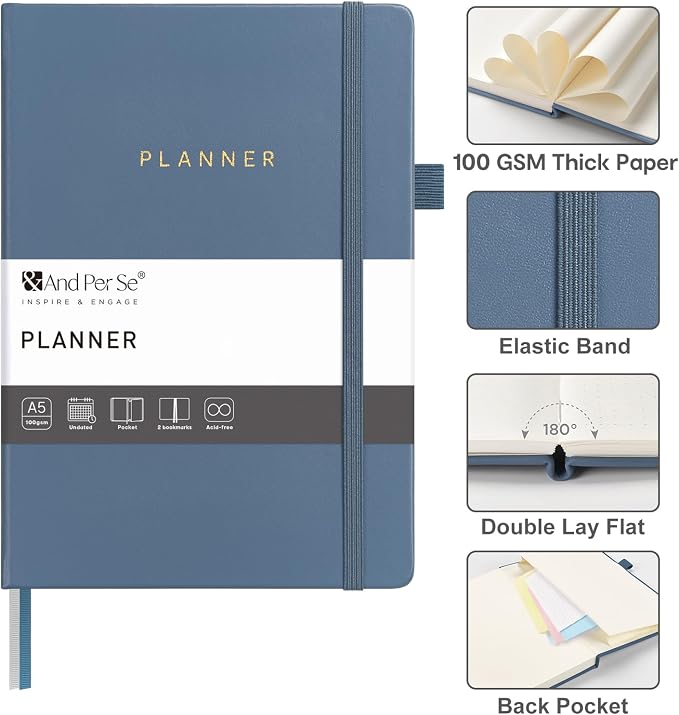 And Per Se Undated Academic Planner, Weekly & Monthly Planner with Goal & Habit Tracker, A5 Hardcover, Dark Blue