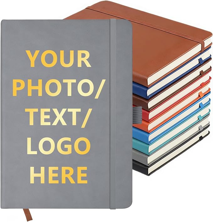 Customizable Personalized Notebook | Custom Logo, Text & Image A5 Journal Notebook | 200 Lined Pages 8.5" x 5.8" | Daily Writing Journal for Office, Students & Gift Giving, Grey