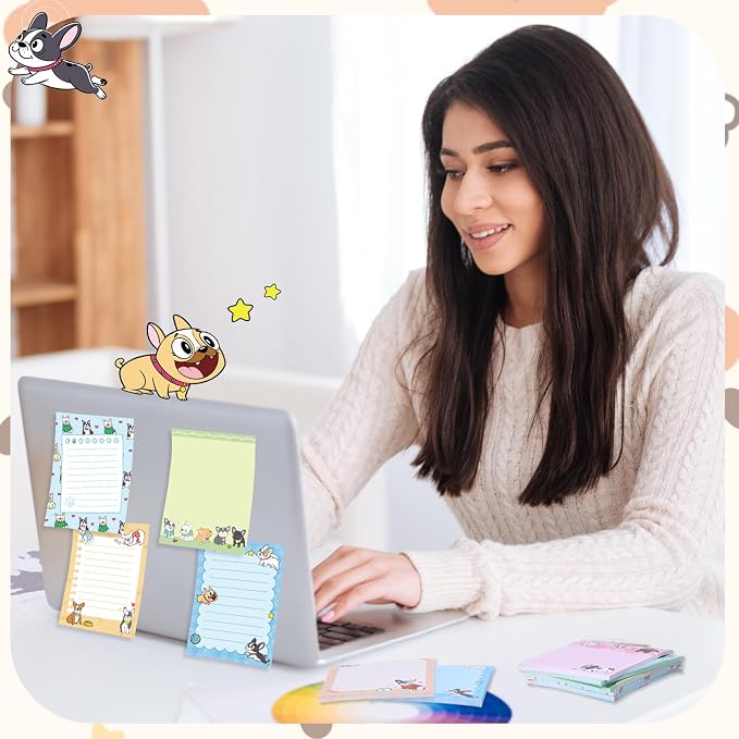 Chiisong 12 Pcs French Dog Sticky Notes Kawaii Notepads 3x4 Inch Adhesive Dog Gifts for Frenchie Lovers to Do List for Memo Reminder for Office Home Supplies Christmas Small Gift