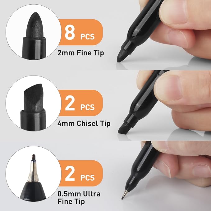 TOWON 12 Black Permanent Markers with Portable Bag - Waterproof Quick Drying Pens Set 8 Fine Tip, 2 Ultra Fine, 2 Chisel Tip Office Home School Supplies for Adults Writing Doodling Marking