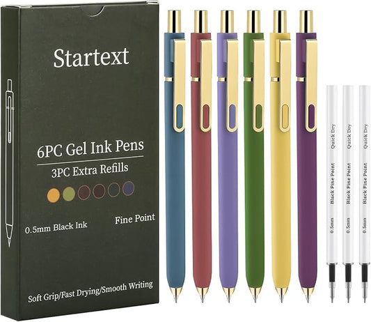 Gel Pens 6-Pack with Extra 3 Refills, 0.5mm Black Ink Fine Point Smooth Writing Pens, Quick Dry Ink No Smudge, Retractable Pens for Journaling Note Taking,Gift for Nurses,Teachers (Vintage-6 Pcs)