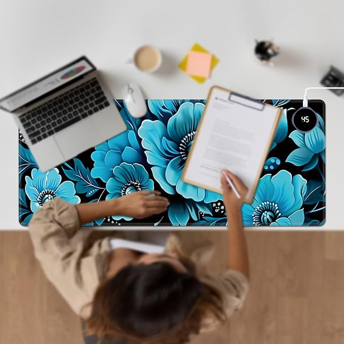 Heated Desk Pad Large Mouse Pad 31.5 x 13 inch with 3 Levels Heating & Auto Shut-Off Warm Mouse pad PU Leather Computer Mousepad for Home Office Work - Blue Floral Flower