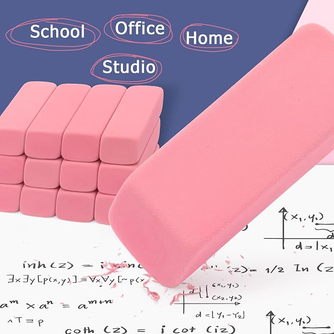 Tamaki Large Erasers, Pink, Pack of 12 | Pencil Erasers for Drawing, Artist Eraser