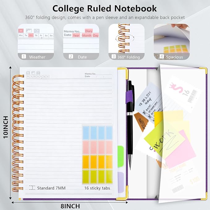 Hardcover Spiral Notebook College Ruled, 8"x10" Leather Journal Notebook with Magnetic Closure, 300 Pages 5 Subject Notebook with Dividers Tabs Journal for Women Men, Work, School(Purple)