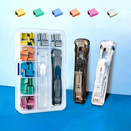 Reusable Portable Binder Clip Stapler Set (2-Pack) — 40-Sheet Capacity, Includes 140 Metal Refill Clips (40 Silver + 100 Assorted Colors) — Ideal for Home, School, and Office Use (Black & White)