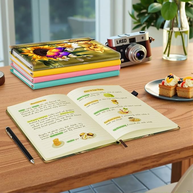 Hardcover Executive Notebooks, A5 PU Leather Lined Journal Notebook, 200 Pages Thick Paper Subject Notebooks for School,Work,Home Writing Business Notebook, Diary Book ，Sunflower Butterfly