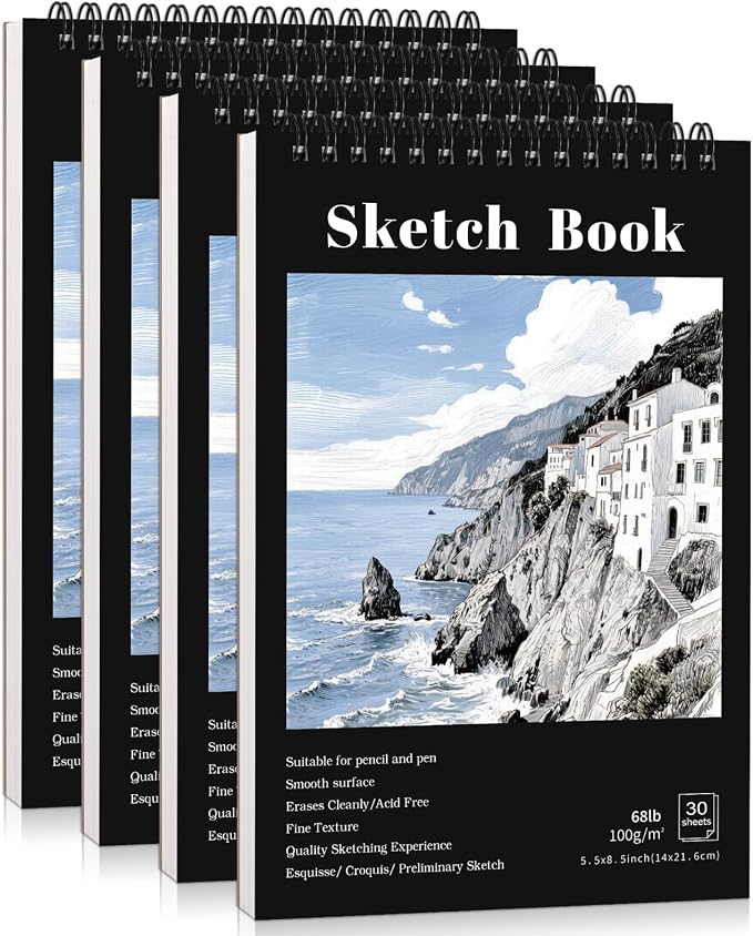 4 Pack Small Sketch Books, 5.5 x 8.5 Inch Mini Sketchbook, 68lb/100gsm Spiral Bound Small Sketch Pad, Acid Free Art Supplies Drawing Painting Sketchbook for Beginners, Artists (Black)