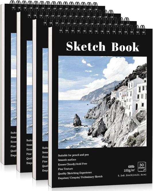 4 Pack Small Sketch Books, 5.5 x 8.5 Inch Mini Sketchbook, 68lb/100gsm Spiral Bound Small Sketch Pad, Acid Free Art Supplies Drawing Painting Sketchbook for Beginners, Artists (Black)