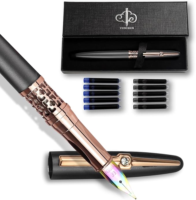 YUNCHUN Refillable Fountain Pen Medium Nib, Fancy Ink Pen with 10 Black & 10 Blue Ink Refills Cartridges, Cool Ink Pens for Writing, Business Metal, Best Gift Set for Men & Women, Blcak