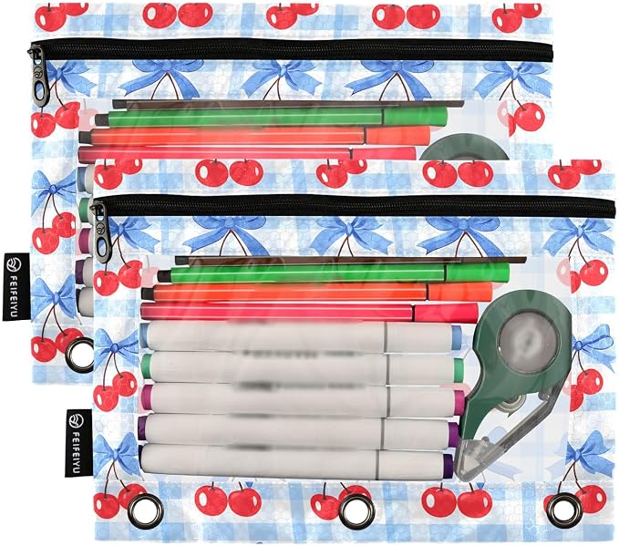 Cherry Blue Bow Buffalo Plaid Pencil Pouch for 3 Ring Binder 2 Pack Zipper Binder Pencil Bag with Clear Window Pencil Case for Office Supplies