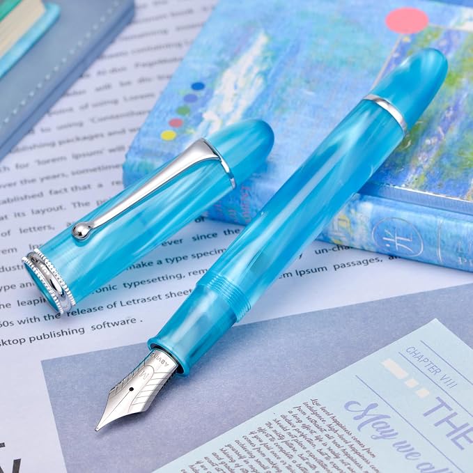 Asvine V800 Fountain Pen -Vacuum Filling System with Large Ink Capacity-Number 8 Stub Nib 1.1mm Calligraphy Art Drawing with Wrench - Sky Blue Acrylic