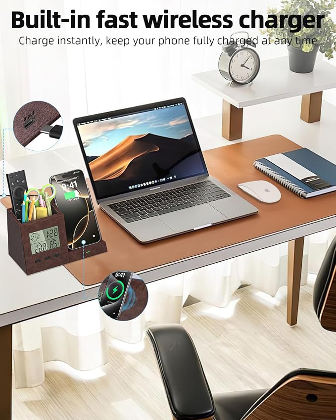 Desk Organizer with Wireless Charger, Digital Clock, Thermometer & Hygrometer - Multi-Functional Pencil Holder, Office Desk Accessories Storage Caddy for Home, Office, Men, Women (Battery Included)