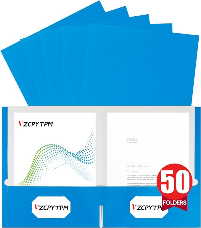 VZCPYTPM 50 Pack Blue Folders with Pockets,2 Pocket File Folders for Letter Size (8.5 x 11 Inch),Professional Design with Business Card Slot for Office and School Organization