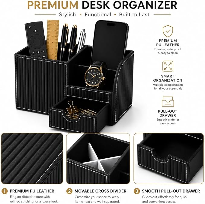 KINGFOM Executive Leather Desk Organizer with Drawer, Modern Black Desk Accessories for Men, Premium Office Desk Organizer with Pen Holder & Storage Compartments for Home Office