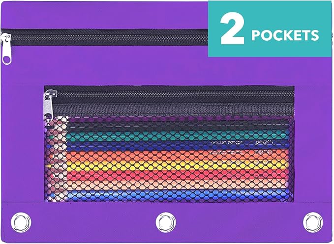 Pencil Pouch for 3 Ring Binder - 3 Hole Zipper Pen Case Bag Holder Bulk Accessories Clear Window Aesthetic Organizer Pockets