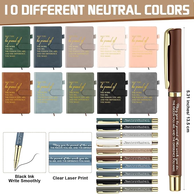 Kosiz 20 Pcs/10 Sets Employee Appreciation Gift Bulk A5 Leather Notebook Inspirational Journal Pen Thank You Gift for Men Women Coworker Teacher Office Back to School(Morandi,Proud)