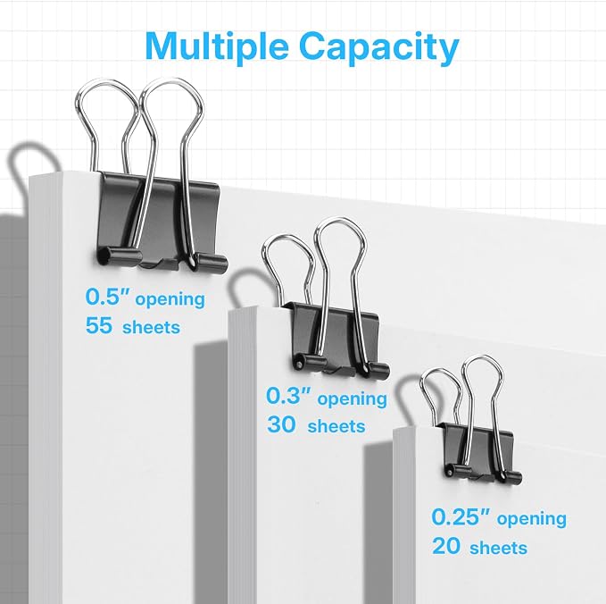 OWLKELA 200 Pcs Binder Clips, Assorted Sizes, Black | Metal Paper Clamps, Paper Binder Clip, Ideal for Office, Home and School Supplies