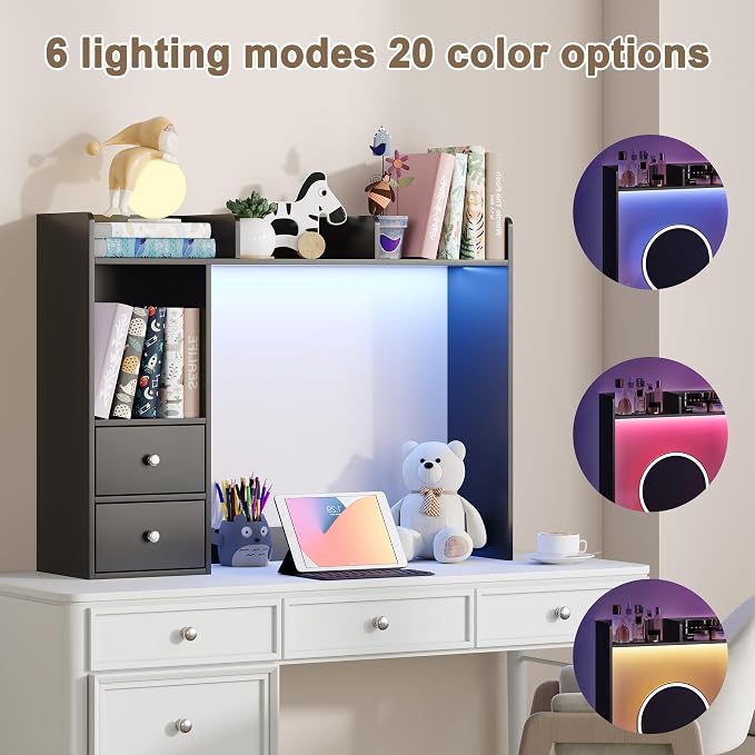 ChooChoo Desktop Bookshelf with LED Lights, 36.6" Dorm Desk Hutch with 4 Shelves and 2 Drawers, Fits 27" Monitor, Desk Organizer Shelf for Dorm Office Home, Black