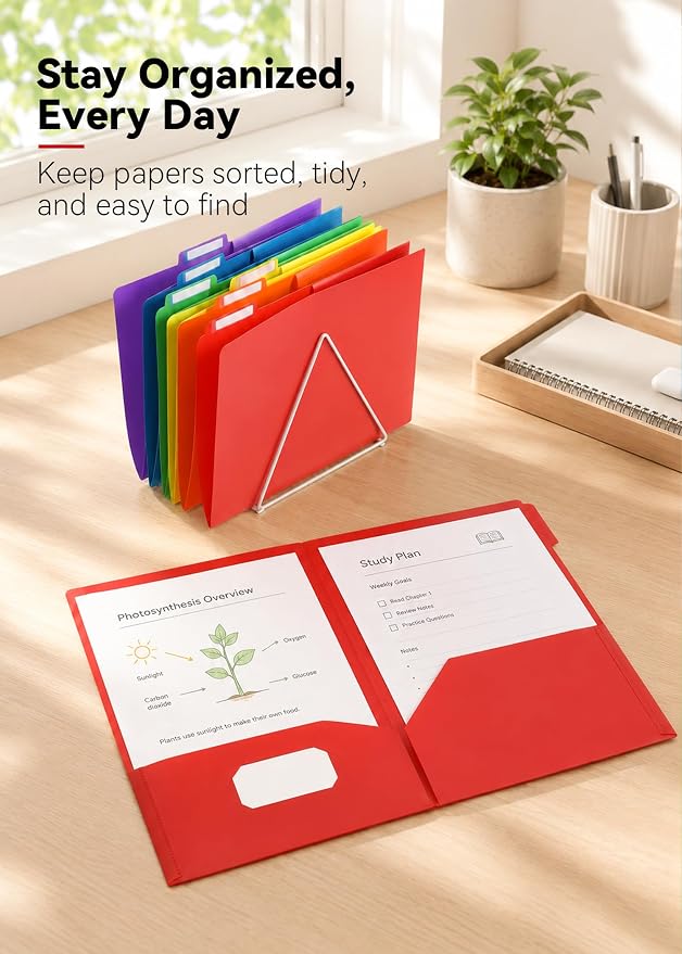 SortRax Plastic Folders with Pockets, 6 Pack 2 Pocket Folders, 1/3 Cut Tabs, Assorted Colors