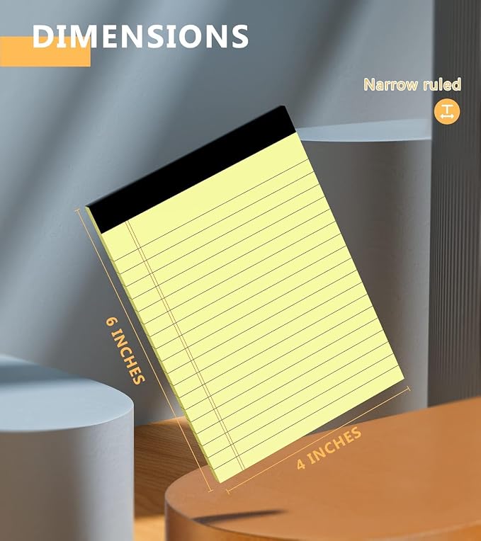 Yellow Legal Pads 4x6, 8 Pack, Narrow Ruled, Perforated,30 Sheets per Pad | Thick Paper, Ink Bleed Resistant, Smooth Writing Durable Cardboard Back, Easy Tear-Off Pages，Double-Sided,Pocket Size