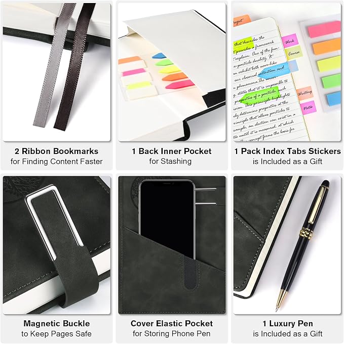 Lined Notebook Journal for Men Women, 365 Pages Numbered College Ruled Notebook, Hardcover Leather Journal with Pen & Gift Box, Thick Daily Diary, Professional Notebooks for Work, School, Business, A5
