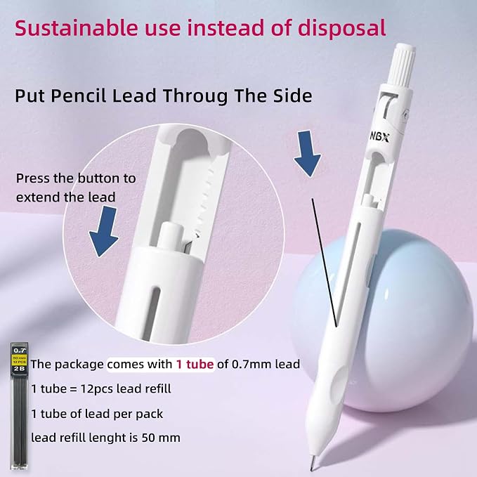 Cute Mechanical Pencil, Metal Grip, Refillable for School Supplies Kid Student Writing, Drafting Drawing Sketching, Mechanical Pencils Set with Lead Refills & Compass & Ruler & Eraser (White,1-PACK)