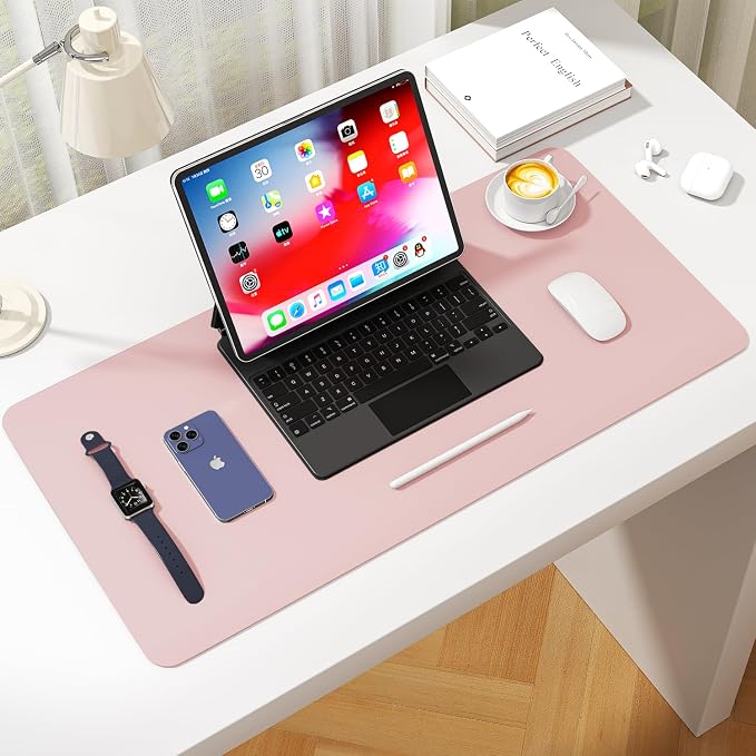 Leather Desk Pad Protector, Waterproof Mouse Pad, PU Desk Mat, Office Desk Cover, Desk Writing Mat for Office/Home/Work/Cubicle (Light Pink) 31.5x15.7 in