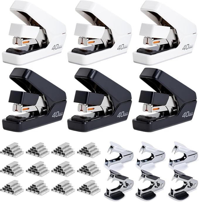 Deli Stapler, Effortless Staplers for Desk, 6 Pack, Black&White | 40 Sheet Capacity Heavy Duty, One Touch, No Effort, Easy to Load, With 12000 Staples & Staple Removers