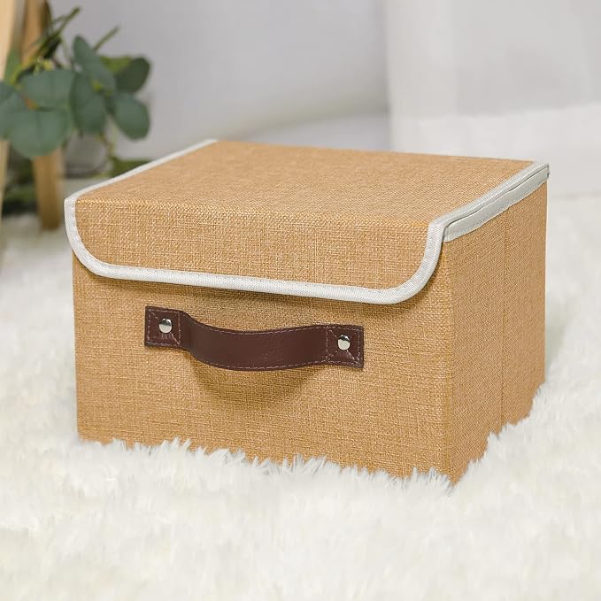 ANMINY 4PCS Storage Bins with Lid PU Leather Handles Storage Boxes PP Plastic Board Decorative Foldable Lidded Cotton Linen Fabric Home Cubes Baskets Closet Organizer Containers - Khaki, Small Size