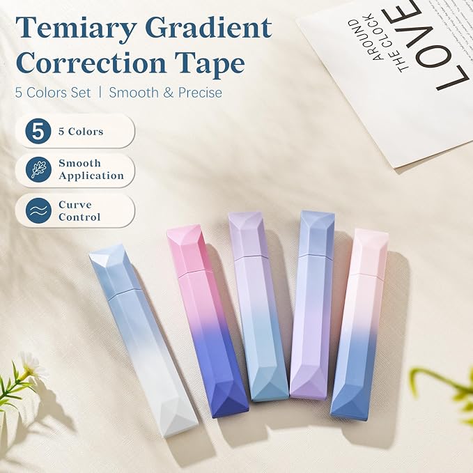 Temiary 5 Pcs White Correction Tapes, Aesthetic White Smooth Pull Out Tape Pens for Instant Corrections, Easy to Use Tear-Resistant Pen Shaped Applicator for Office School Supplies (Gradient Purple)