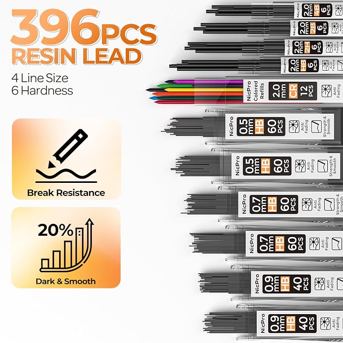 Nicpro 22PCS Art Mechanical Pencil Set， Metal Drawing Sketching With Eraser | Pencil Black Artist Drafting 0.5 & 0.7 & 0.9 mm & 2PCS 2mm Graphite Holder(4B 2B HB 2H) for Writing With Lead Refills Case