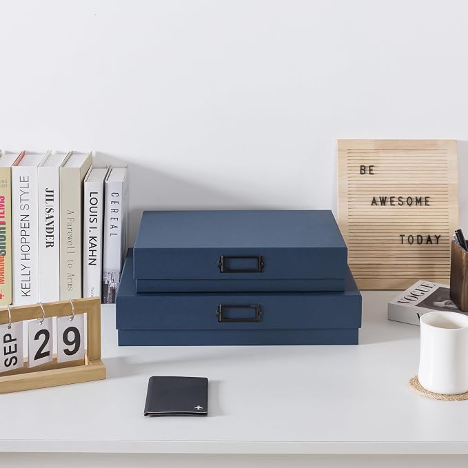 Soul & Lane - Legal Size Document Storage Boxes with Lids, Set of 2, Blue | A3 Decorative Boxes for Art, Scrapbooks and Papers with Metal Label Holders, Cardboard Photo Keepsake Storage for Memories