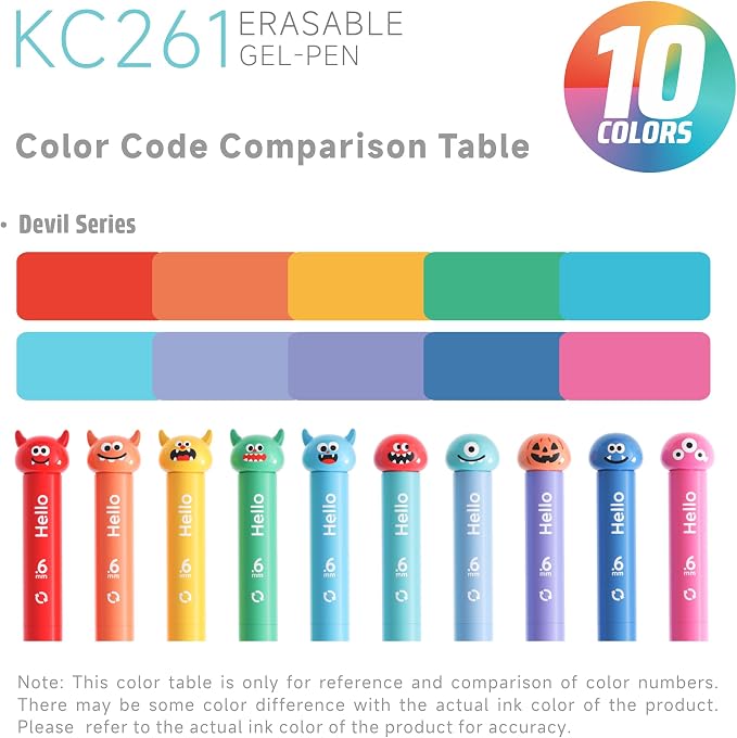 languo Erasable Gel Pens, 0.6mm Fine Tip, Twist Retractable, 10 Pack | Little Devil Design, Assorted Ink Colors, Smooth Ink Flow, Clean Corrections, Ideal for Drawing, Writing, Journaling, Planner