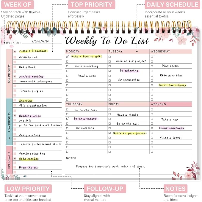 Weekly To Do List Notepad with 52 Undated Sheets（8.5"×11"）- Weekly Desk Planner Pad with Spiral Binding for Women & Man, Office, School and Home Personal Organizer